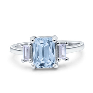 Emerald Cut Art Deco Three Stone Wedding Ring Simulated Aquamarine CZ 925 Sterling Silver